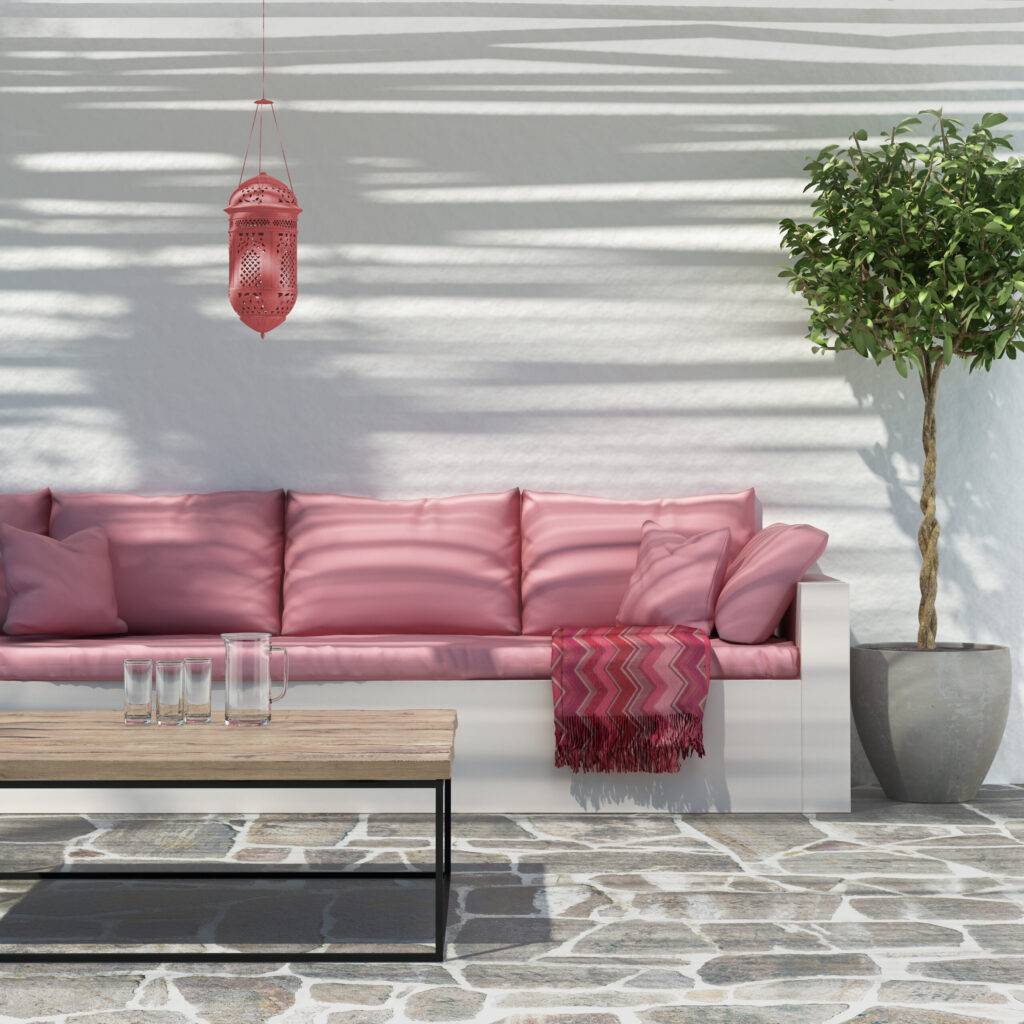 Contemporary Moroccan island outdoor summer lounge dusty rose outdoor cushions patio deck area design