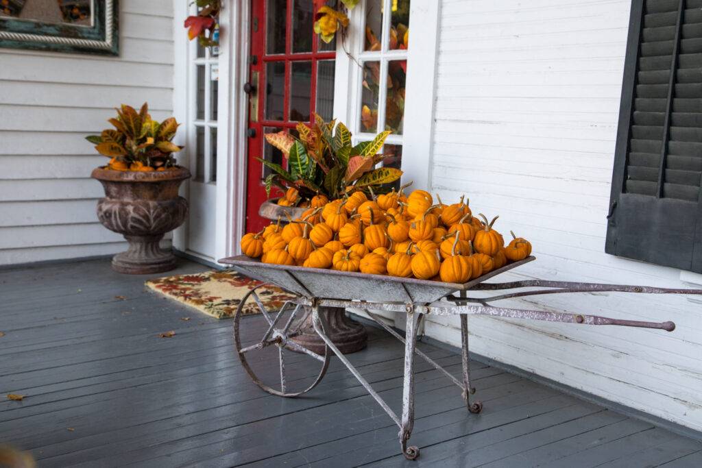 White And Grey Porch Wth Fall Pumpkin Decor By Red Door Ideas for porch decor - White And Grey Porch Wth Fall Pumpkin Decor By Red Door