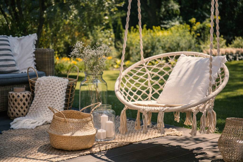 A beige string swing with a pillow on a patio. Wicker baskets, a porch swing design wicker with cushion